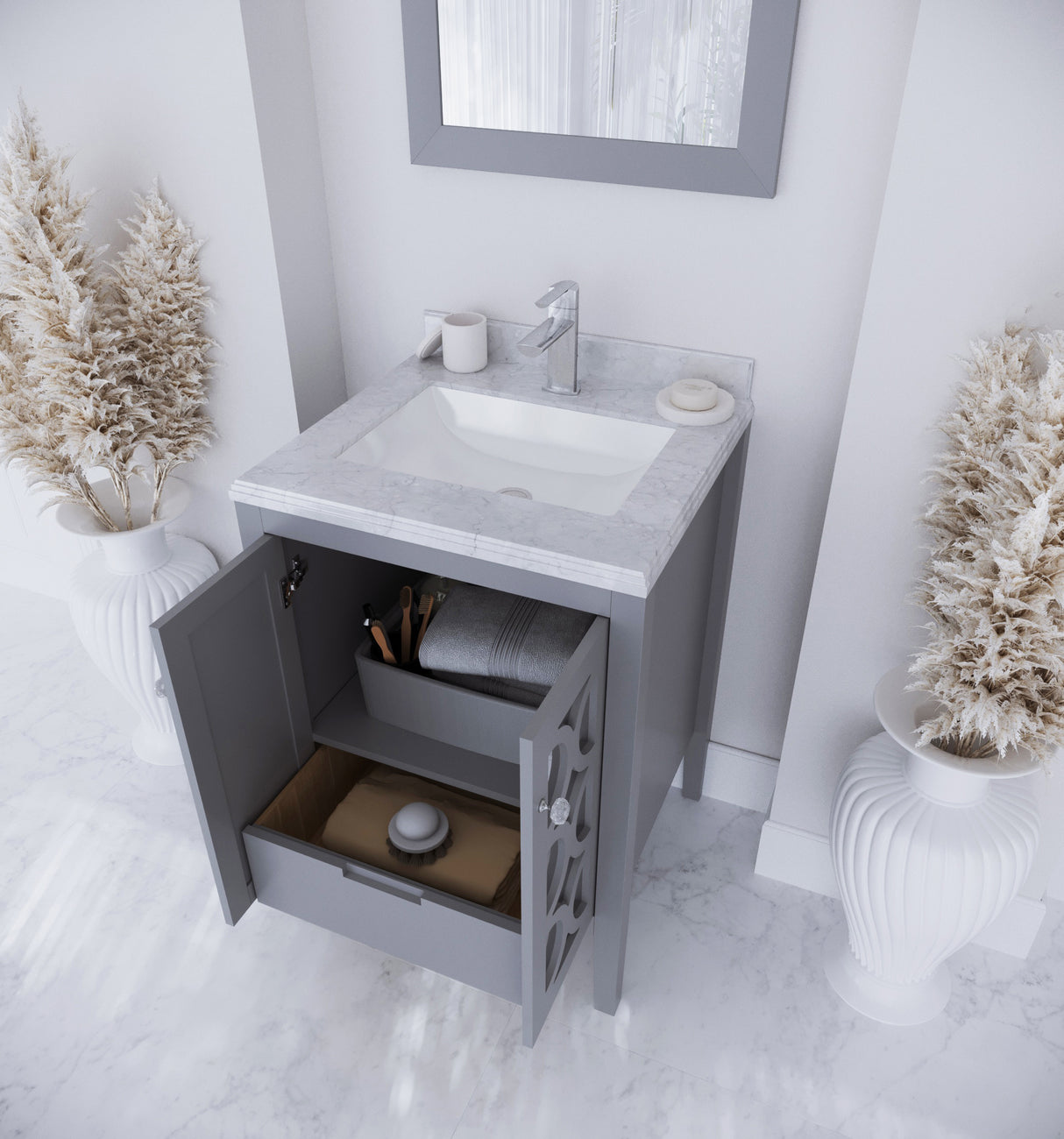 Mediterraneo 24" Grey Bathroom Vanity with White Carrara Marble Countertop Laviva 313MKSH-24G-WC