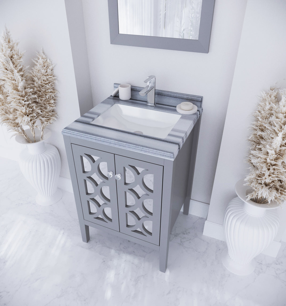 Mediterraneo 24" Grey Bathroom Vanity with White Stripes Marble Countertop Laviva 313MKSH-24G-WS