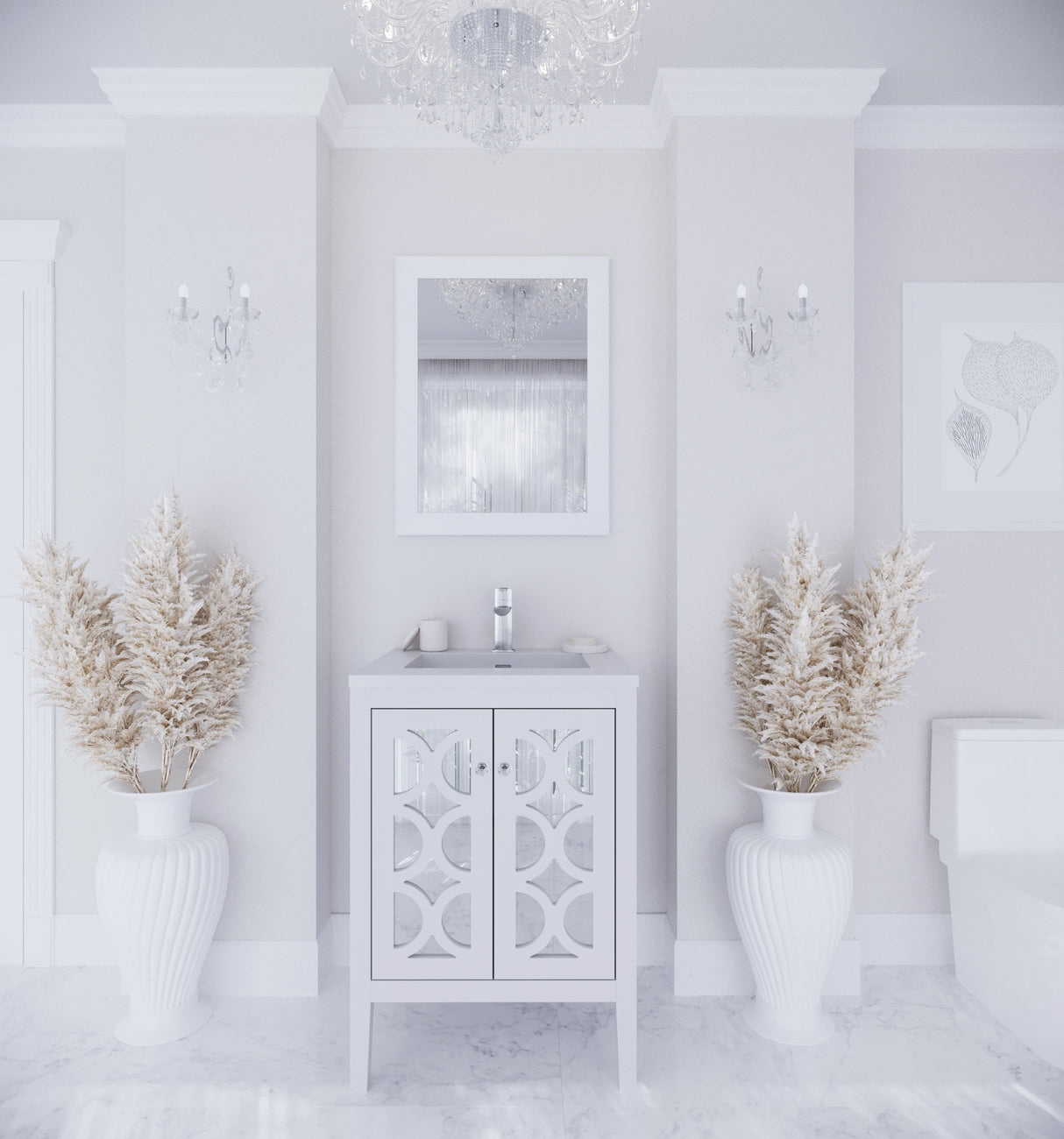 Mediterraneo 24" White Bathroom Vanity with Matte White VIVA Stone Solid Surface Countertop Laviva 313MKSH-24W-MW