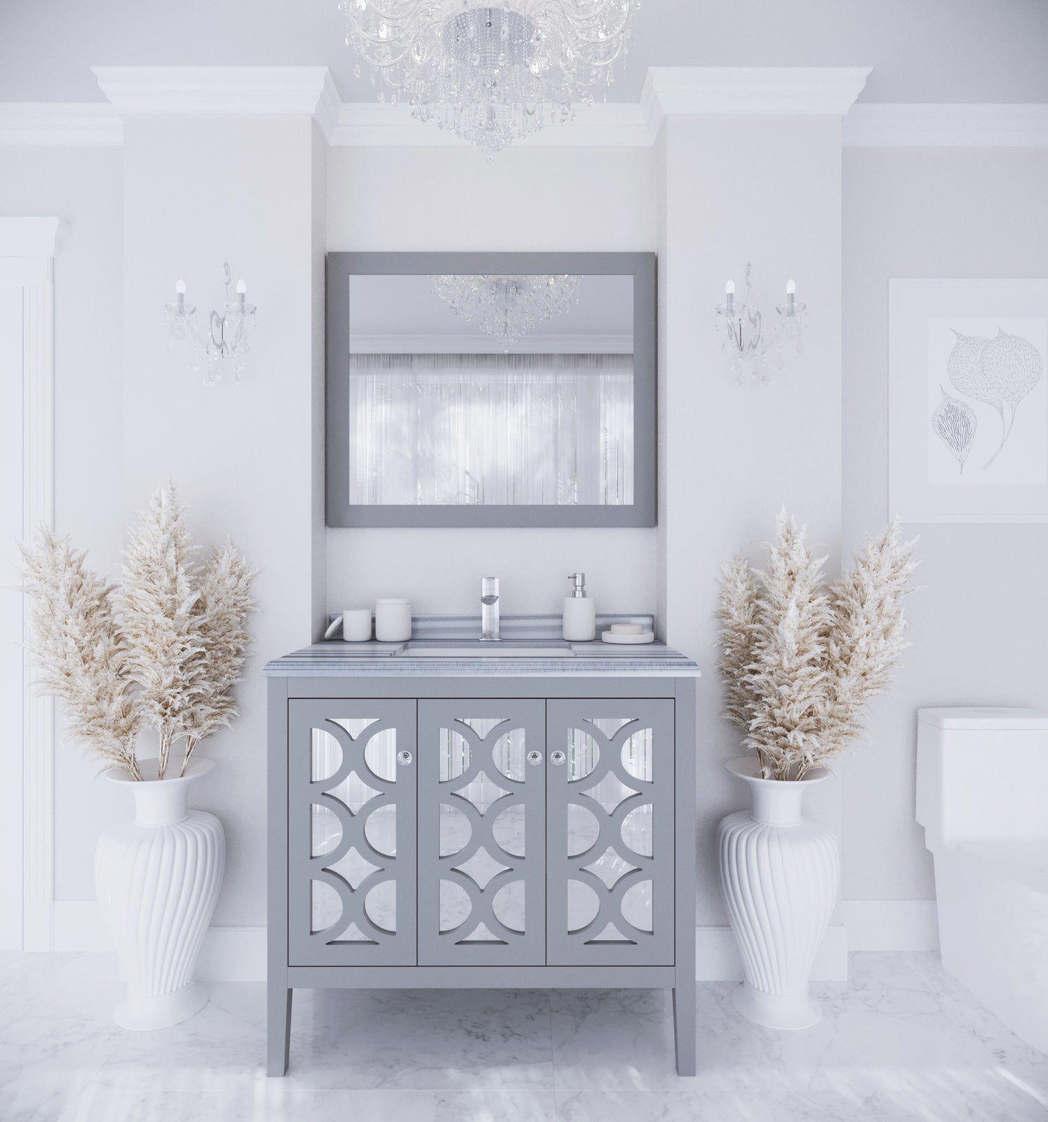 Mediterraneo 36" Grey Bathroom Vanity with White Stripes Marble Countertop Laviva 313MKSH-36G-WS
