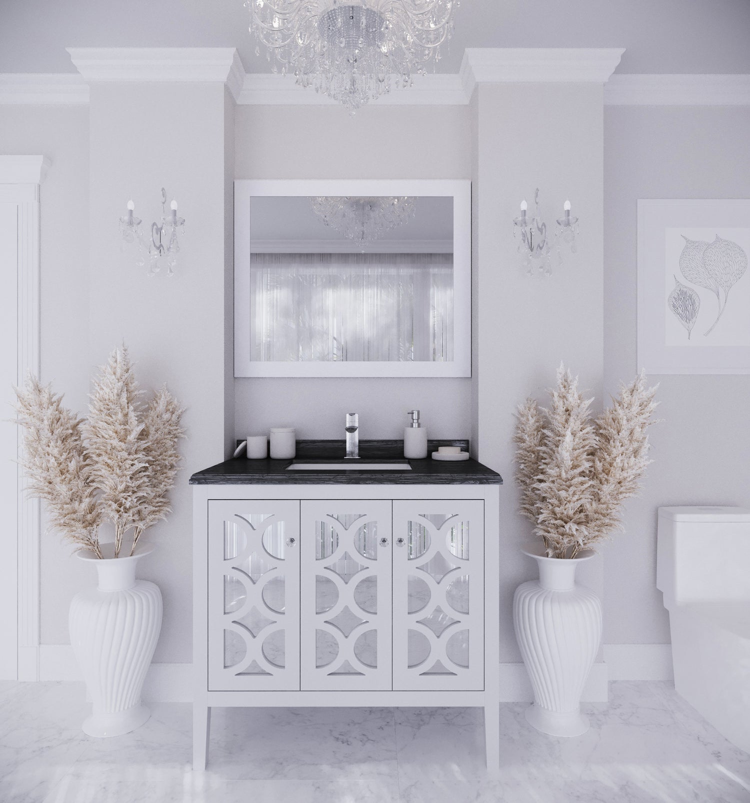 Mediterraneo 36" White Bathroom Vanity with Black Wood Marble Countertop Laviva 313MKSH-36W-BW