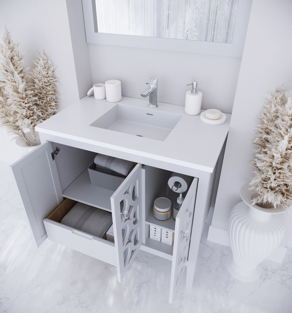 Mediterraneo 36" White Bathroom Vanity with Matte White VIVA Stone Solid Surface Countertop Laviva 313MKSH-36W-MW