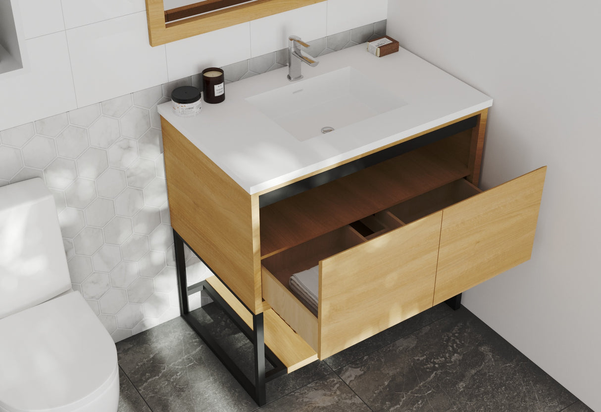 Alto 36" California White Oak Bathroom Vanity with Matte White VIVA Stone Solid Surface Countertop Laviva 313SMR-36CO-MW