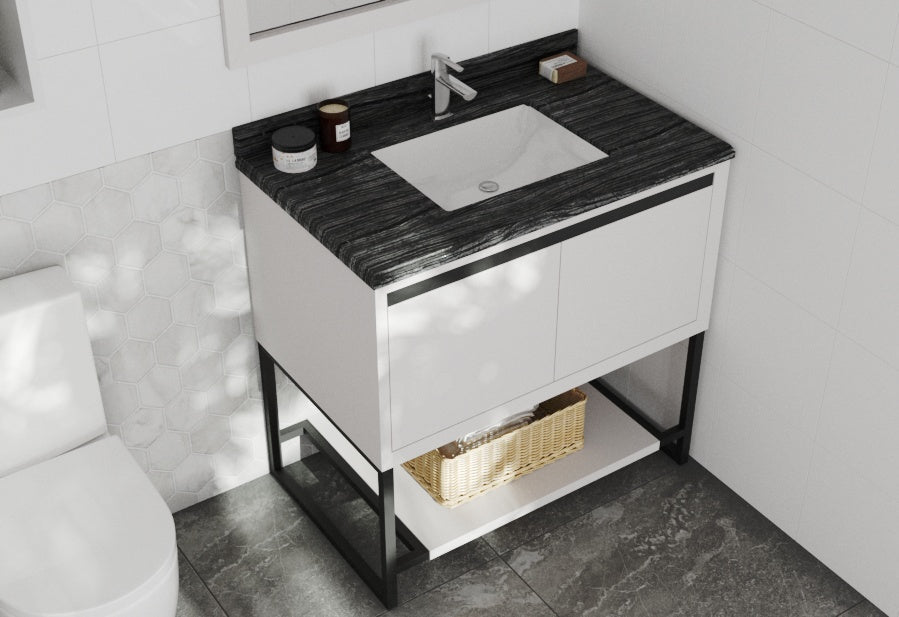 Alto 36" White Bathroom Vanity with Black Wood Marble Countertop Laviva 313SMR-36W-BW