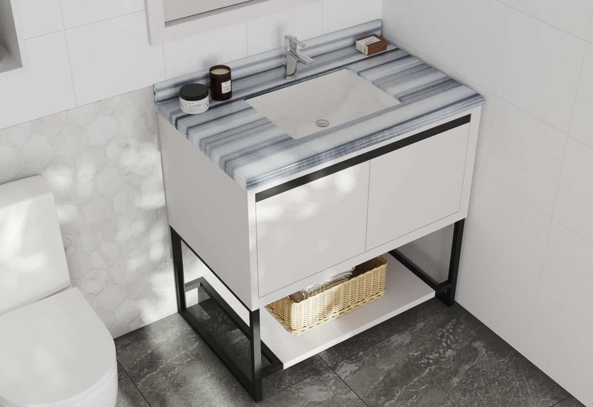 Alto 36" White Bathroom Vanity with White Stripes Marble Countertop Laviva 313SMR-36W-WS