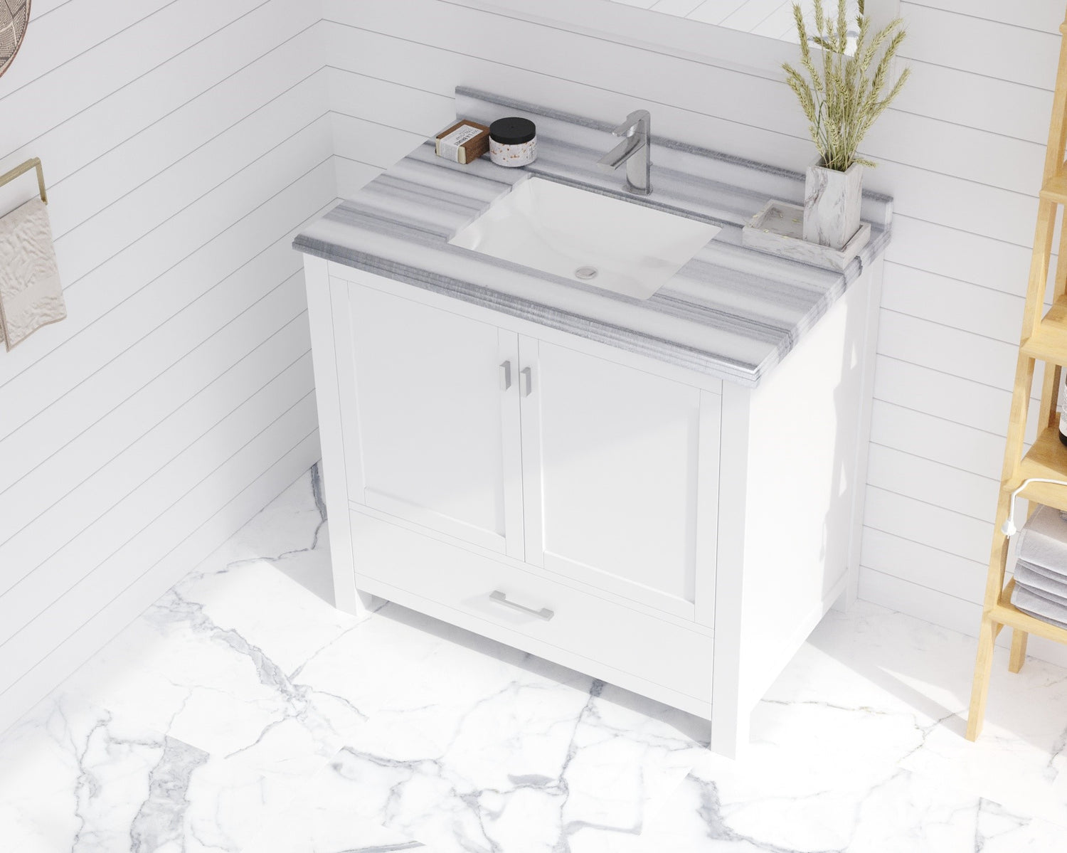 Forever 36" Single Hole White Stripes Marble Countertop with Rectangular Ceramic Sink Laviva 313SQ1H-36-WS