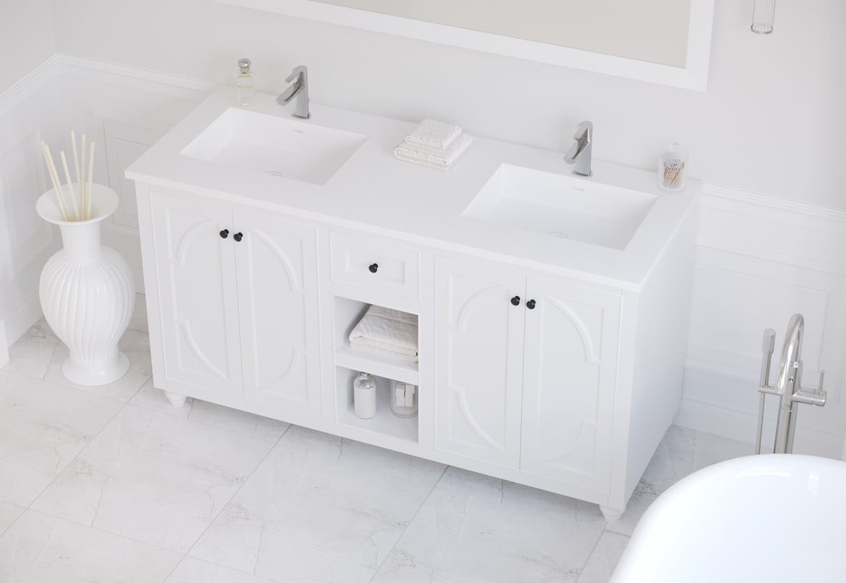 Forever VIVA Stone 60" Matte White Solid Surface Countertop with Double Integrated Sinks Laviva 313SQ1HSS-60D-MW