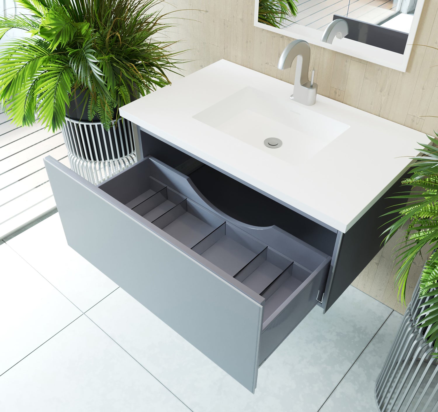 Vitri 36" Fossil Grey Bathroom Vanity with VIVA Stone Matte White Solid Surface Countertop Laviva 313VTR-36FG-MW