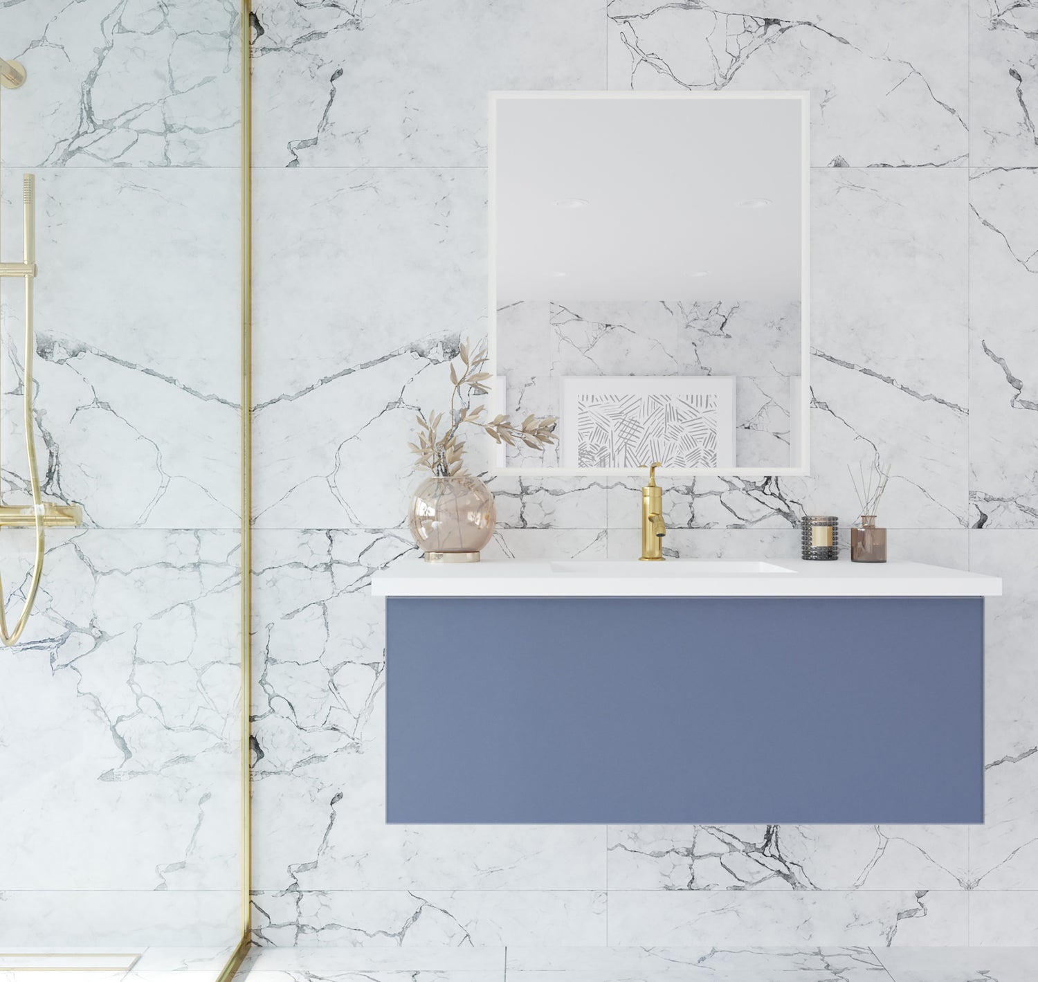 Vitri 42" Nautical Blue Bathroom Vanity with VIVA Stone Matte White Solid Surface Countertop Laviva 313VTR-42NB-MW