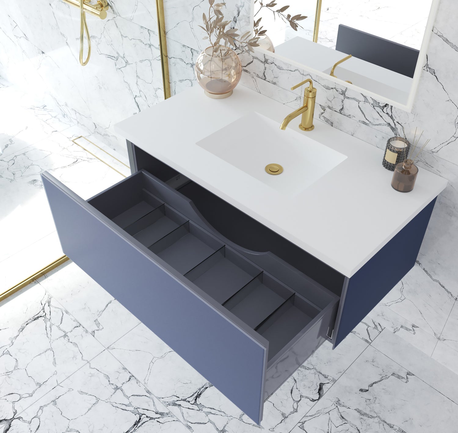 Vitri 42" Nautical Blue Bathroom Vanity with VIVA Stone Matte White Solid Surface Countertop Laviva 313VTR-42NB-MW