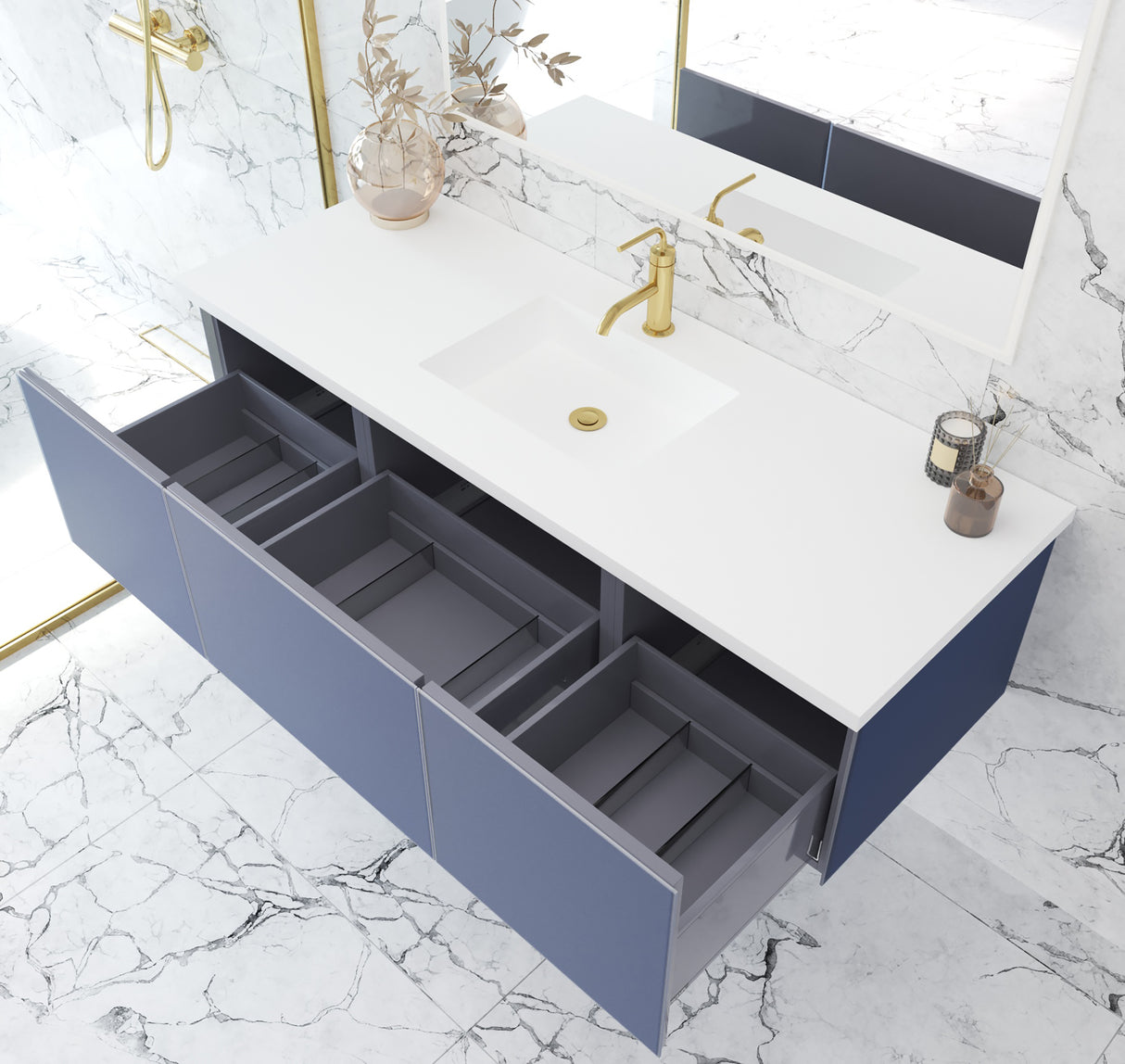 Vitri 60" Nautical Blue Single Sink Bathroom Vanity with VIVA Stone Matte White Solid Surface Countertop Laviva 313VTR-60CNB-MW