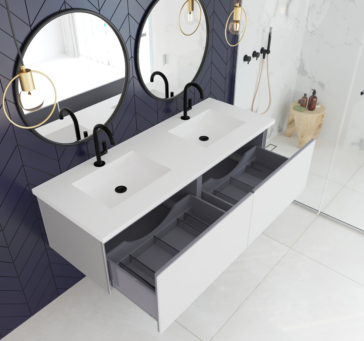 Vitri 60" Cloud White Double Sink Bathroom Vanity with VIVA Stone Matte White Solid Surface Countertop Laviva 313VTR-60DCW-MW