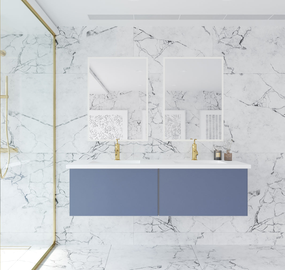 Vitri 60" Nautical Blue Double Sink Bathroom Vanity with VIVA Stone Matte White Solid Surface Countertop Laviva 313VTR-60DNB-MW