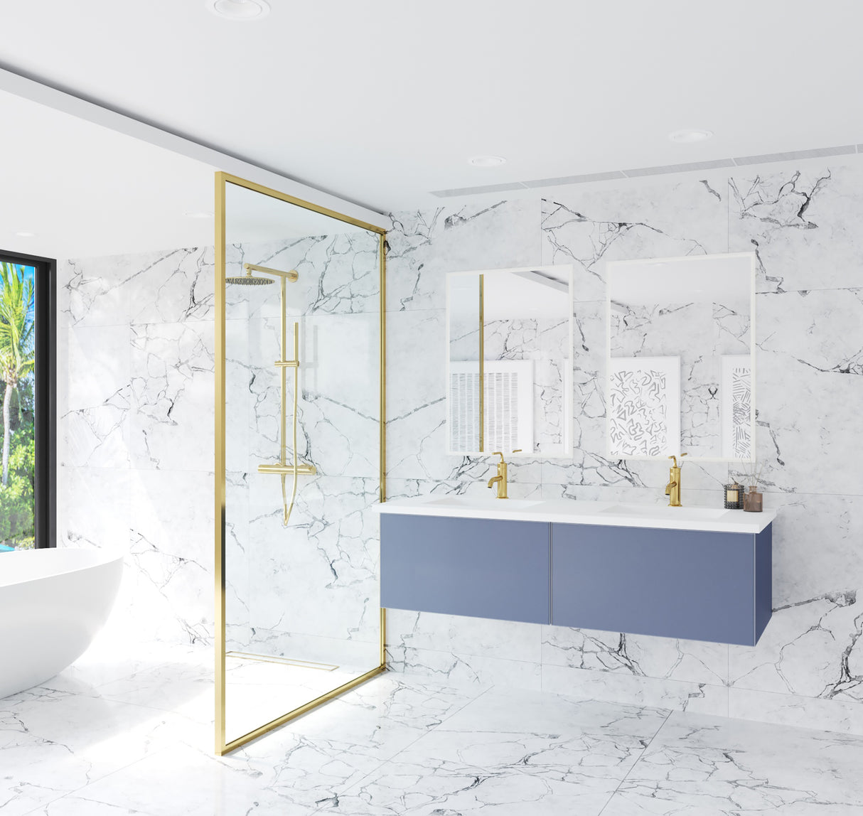 Vitri 60" Nautical Blue Double Sink Bathroom Vanity with VIVA Stone Matte White Solid Surface Countertop Laviva 313VTR-60DNB-MW