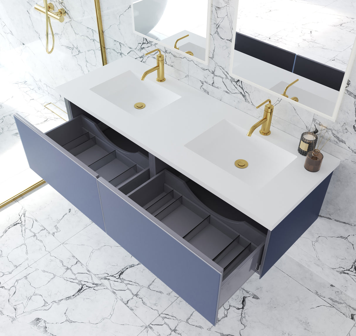 Vitri 60" Nautical Blue Double Sink Bathroom Vanity with VIVA Stone Matte White Solid Surface Countertop Laviva 313VTR-60DNB-MW