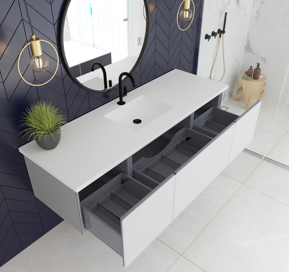 Vitri 66" Cloud White Single Sink Bathroom Vanity with VIVA Stone Matte White Solid Surface Countertop Laviva 313VTR-66CW-MW