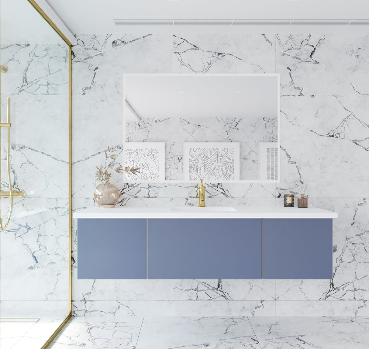 Vitri 66" Nautical Blue Single Sink Bathroom Vanity with VIVA Stone Matte White Solid Surface Countertop Laviva 313VTR-66NB-MW