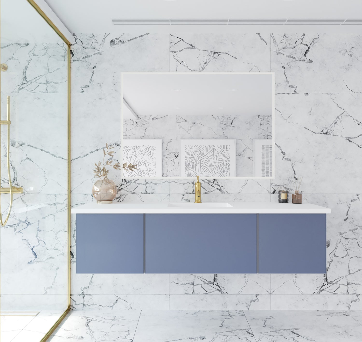 Vitri 66" Nautical Blue Single Sink Bathroom Vanity with VIVA Stone Matte White Solid Surface Countertop Laviva 313VTR-66NB-MW