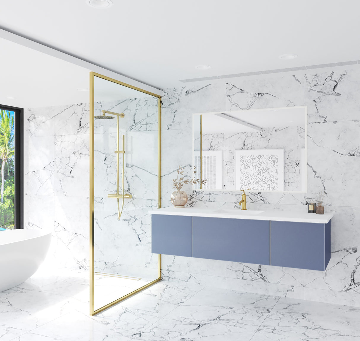 Vitri 66" Nautical Blue Single Sink Bathroom Vanity with VIVA Stone Matte White Solid Surface Countertop Laviva 313VTR-66NB-MW