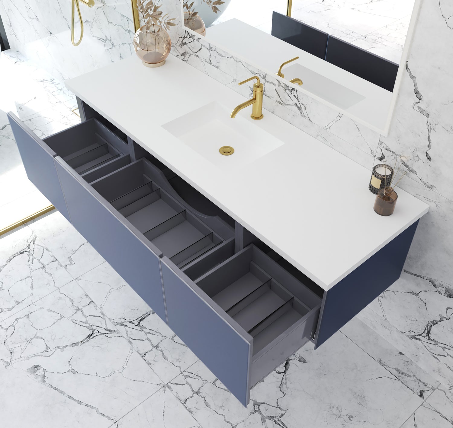 Vitri 66" Nautical Blue Single Sink Bathroom Vanity with VIVA Stone Matte White Solid Surface Countertop Laviva 313VTR-66NB-MW