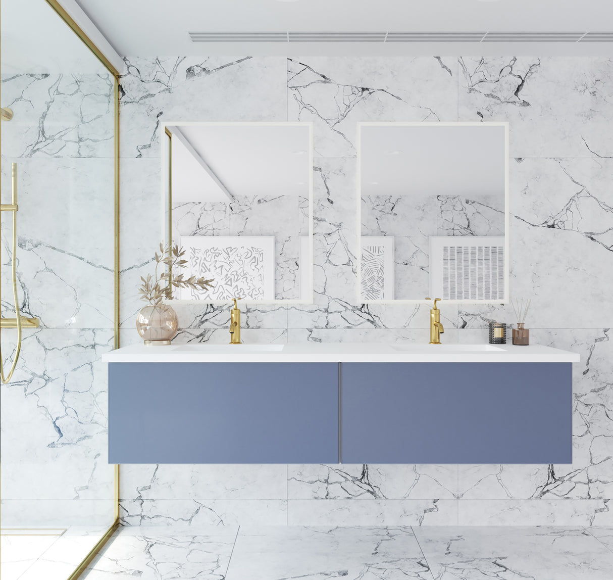 Vitri 72" Nautical Blue Double Sink Bathroom Vanity with VIVA Stone Matte White Solid Surface Countertop Laviva 313VTR-72DNB-MW