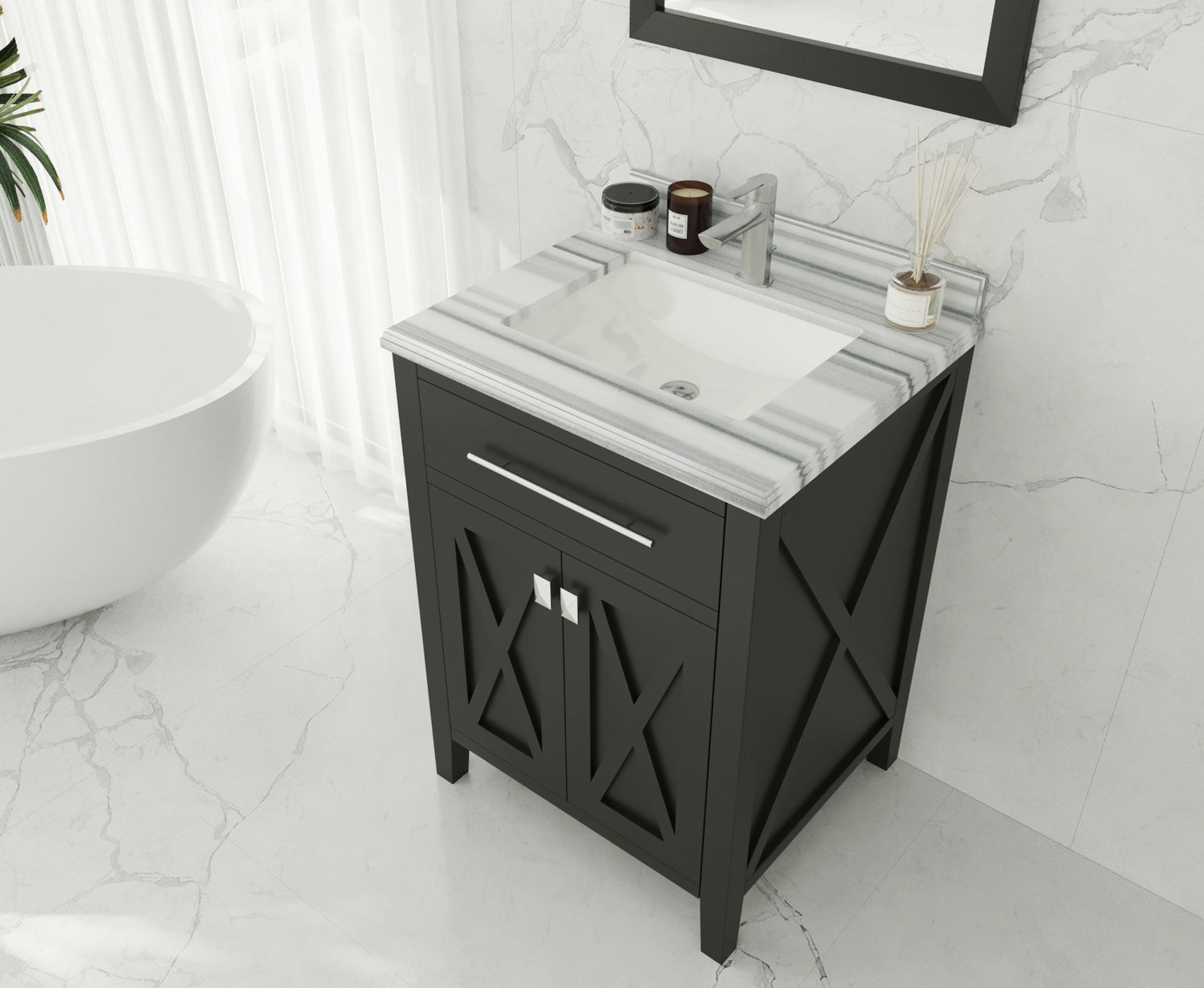Wimbledon 24" Espresso Bathroom Vanity with White Stripes Marble Countertop Laviva 313YG319-24E-WS