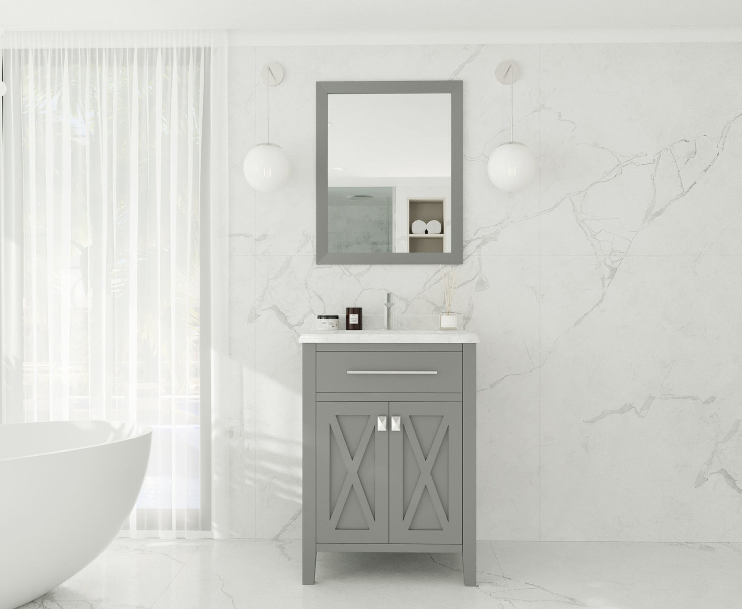 Wimbledon 24" Grey Bathroom Vanity with White Carrara Marble Countertop Laviva 313YG319-24G-WC