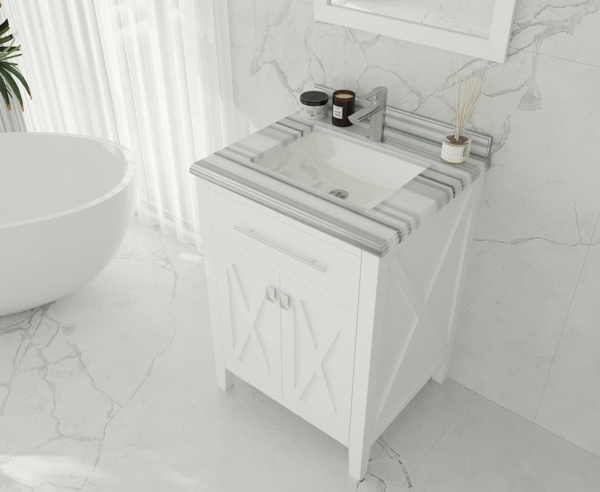 Wimbledon 24" White Bathroom Vanity with White Stripes Marble Countertop Laviva 313YG319-24W-WS