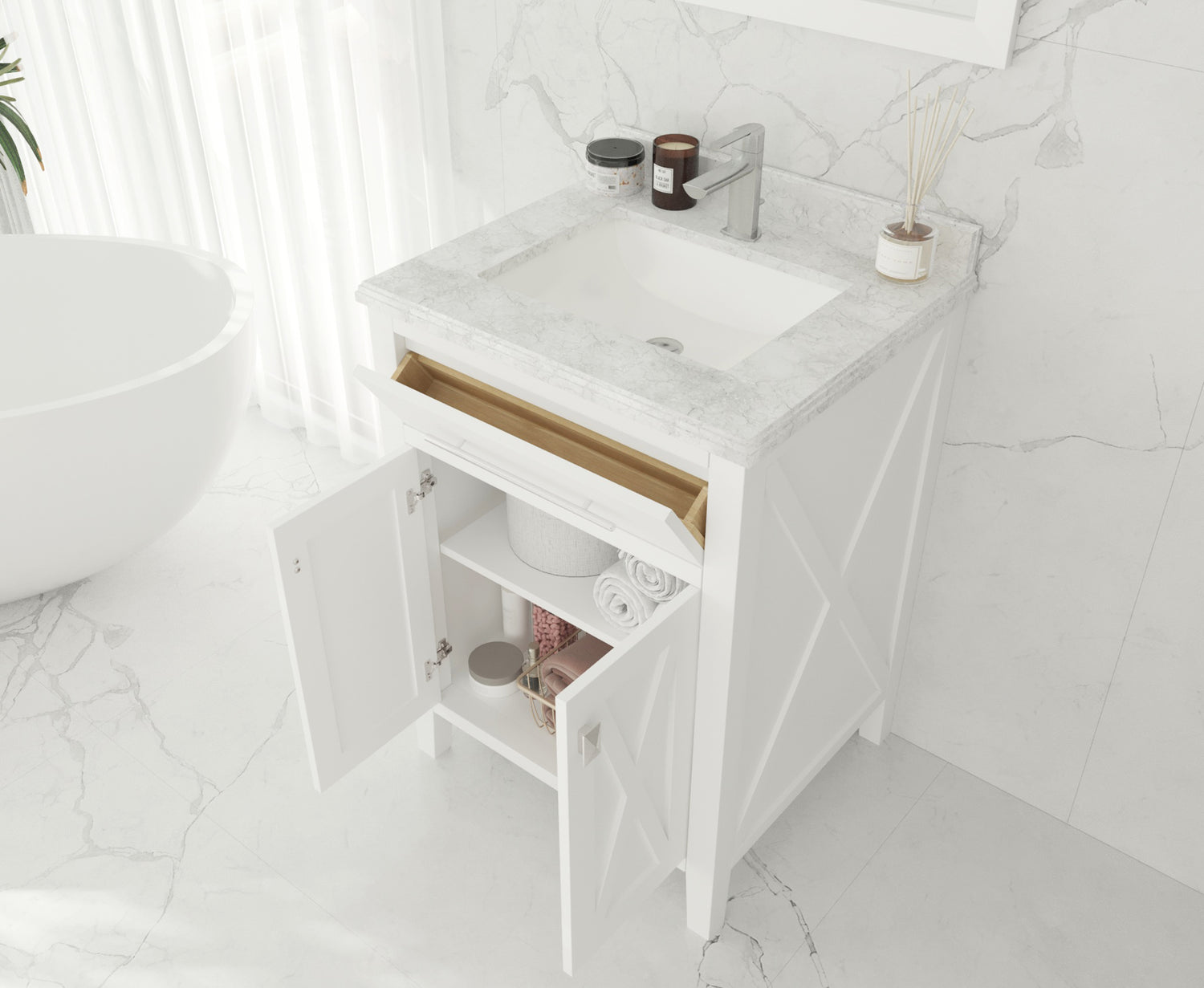 Wimbledon 24" White Bathroom Vanity with White Stripes Marble Countertop Laviva 313YG319-24W-WS