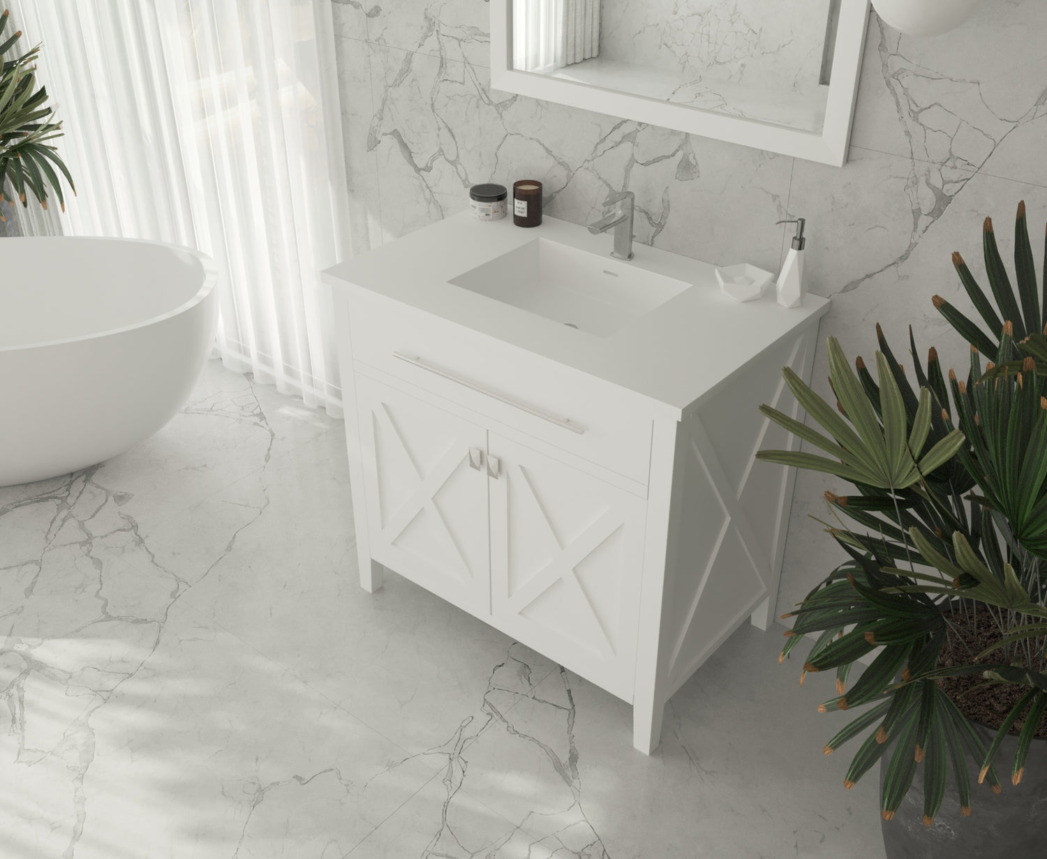 Wimbledon 36" White Bathroom Vanity with Matte White VIVA Stone Solid Surface Countertop Laviva 313YG319-36W-MW