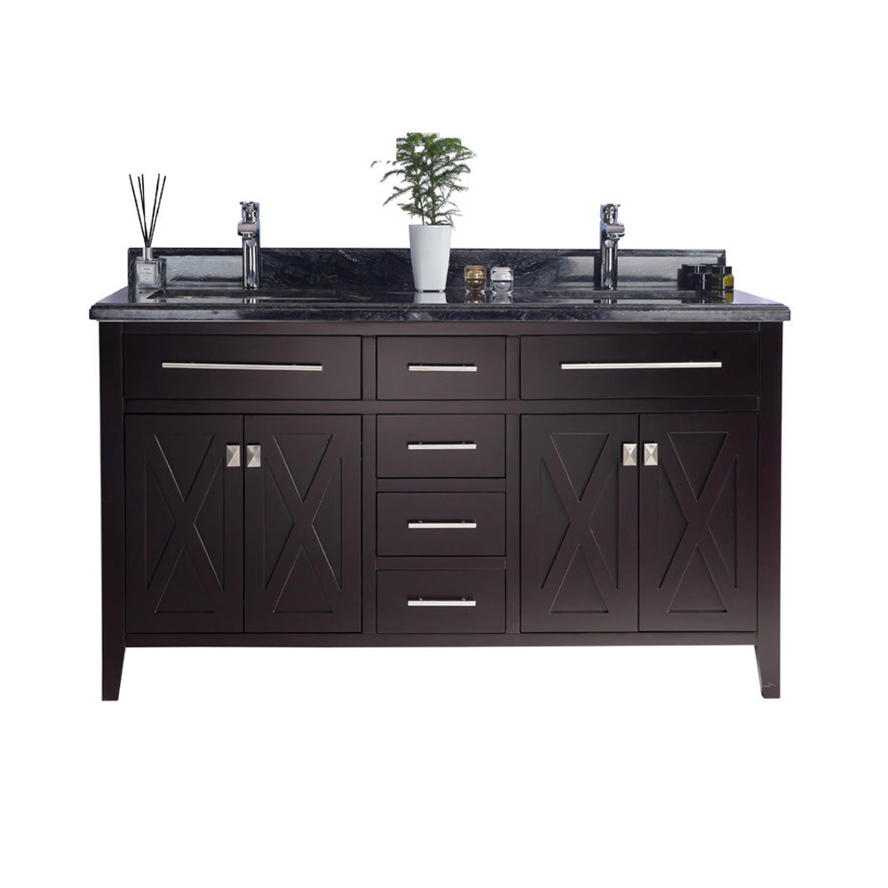 Wimbledon 60" Brown Double Sink Bathroom Vanity with Black Wood Marble Countertop Laviva 313YG319-60B-BW