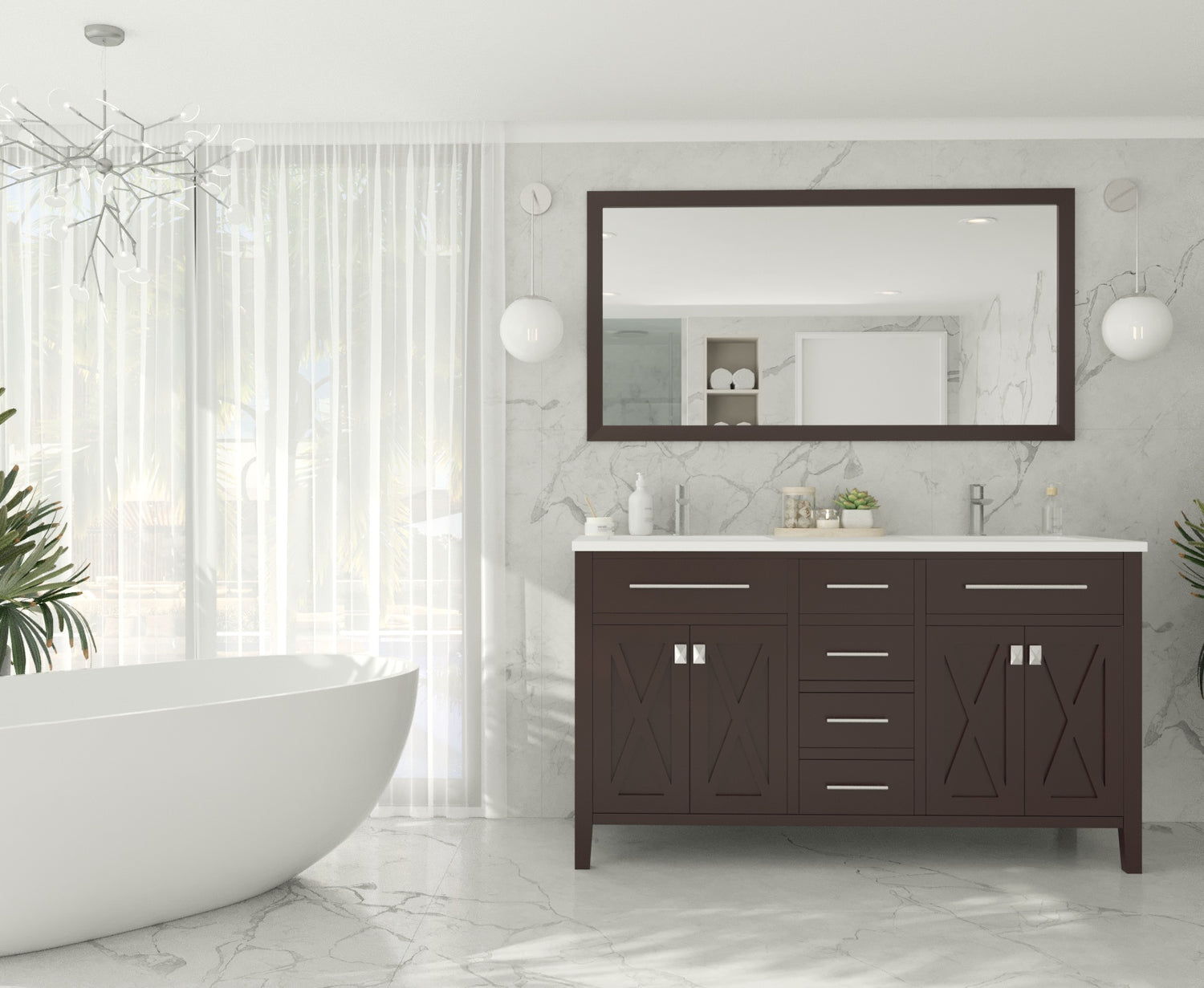 Wimbledon 60" Brown Double Sink Bathroom Vanity with Matte White VIVA Stone Solid Surface Countertop Laviva 313YG319-60B-MW