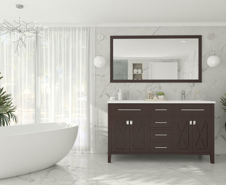 Wimbledon 60" Brown Double Sink Bathroom Vanity with Matte White VIVA Stone Solid Surface Countertop Laviva 313YG319-60B-MW