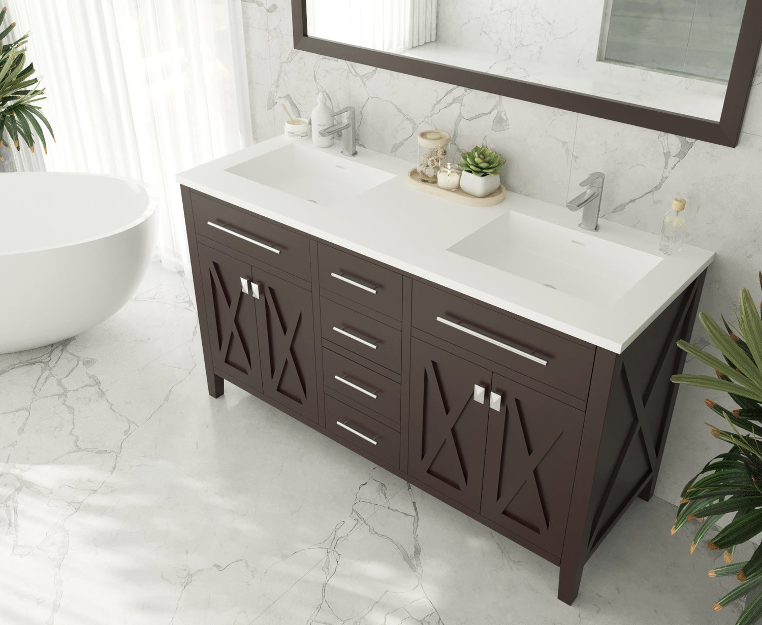 Wimbledon 60" Brown Double Sink Bathroom Vanity with Matte White VIVA Stone Solid Surface Countertop Laviva 313YG319-60B-MW