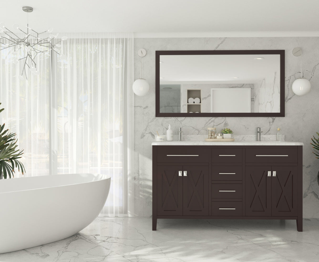 Wimbledon 60" Brown Double Sink Bathroom Vanity with White Carrara Marble Countertop Laviva 313YG319-60B-WC