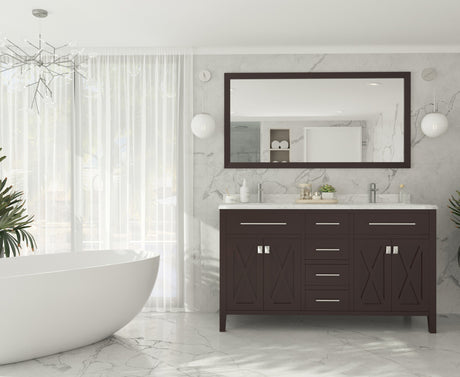 Wimbledon 60" Brown Double Sink Bathroom Vanity with White Carrara Marble Countertop Laviva 313YG319-60B-WC