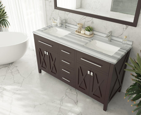 Wimbledon 60" Brown Double Sink Bathroom Vanity with White Stripes Marble Countertop Laviva 313YG319-60B-WS