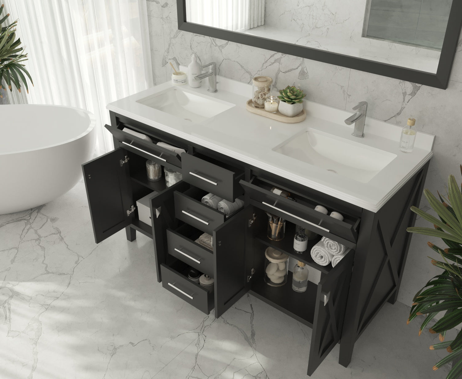 Wimbledon 60" Espresso Double Sink Bathroom Vanity with Black Wood Marble Countertop Laviva 313YG319-60E-BW
