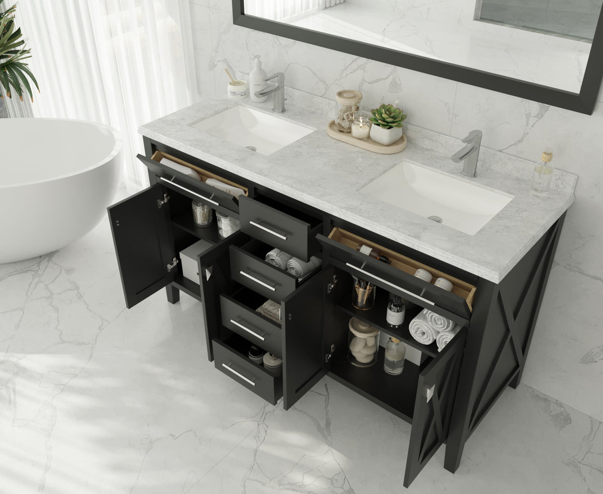 Wimbledon 60" Espresso Double Sink Bathroom Vanity with White Carrara Marble Countertop Laviva 313YG319-60E-WC