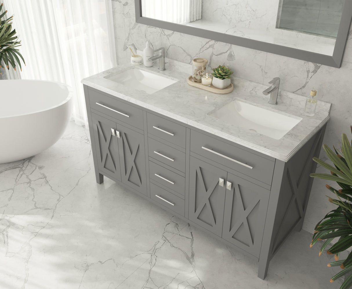 Wimbledon 60" Grey Double Sink Bathroom Vanity with White Carrara Marble Countertop Laviva 313YG319-60G-WC