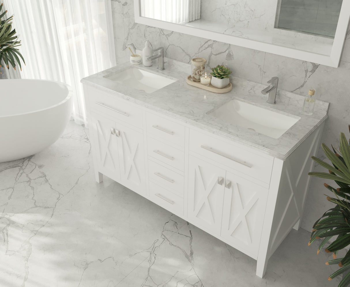 Wimbledon 60" White Double Sink Bathroom Vanity with White Carrara Marble Countertop Laviva 313YG319-60W-WC