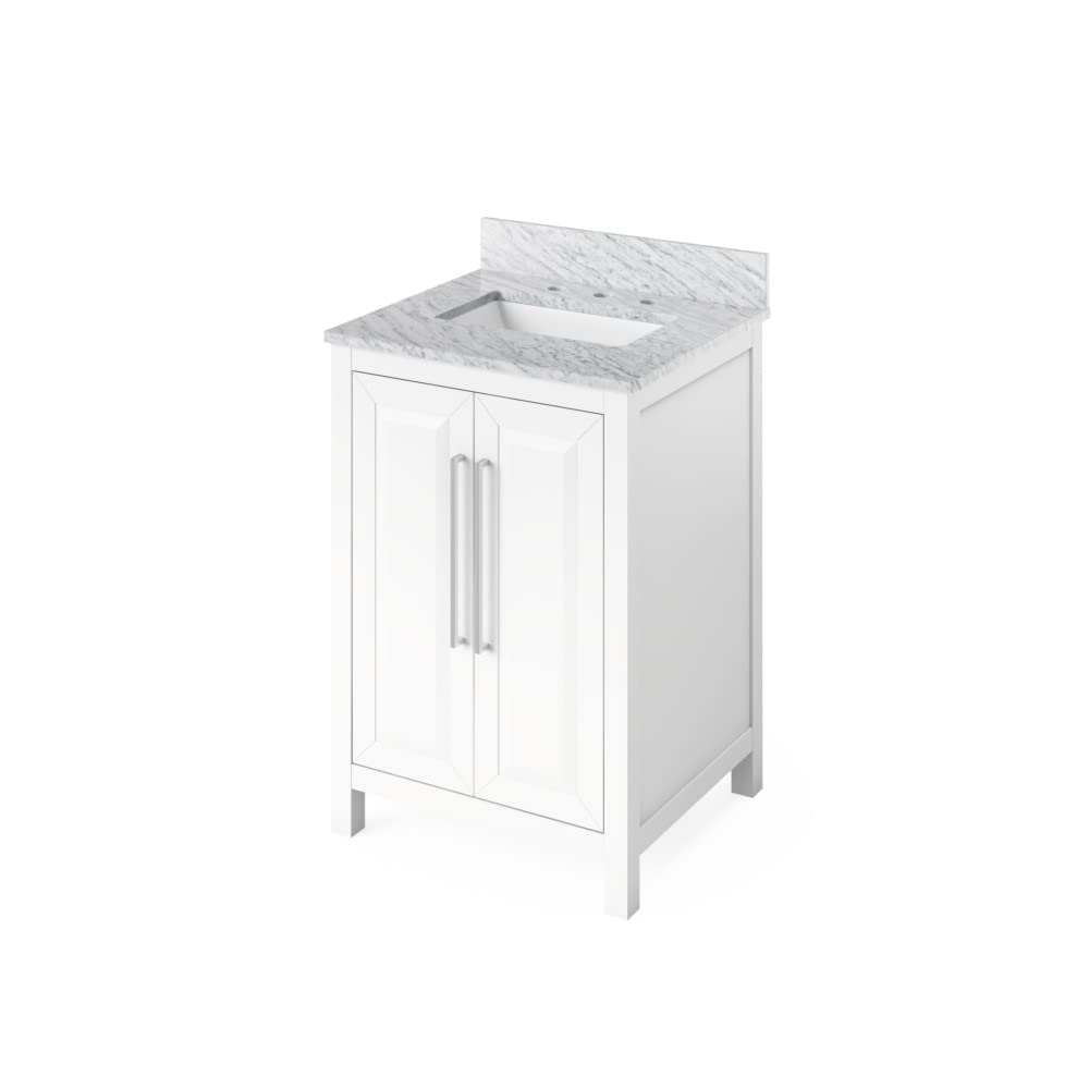 Jeffrey Alexander VKITCAD24WHWCR 24" White Cade Vanity, White Carrara Marble Vanity Top, undermount rectangle bowl