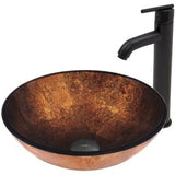 VIGO VGT503 16.5" L -16.5" W -13.0" H Handmade Countertop Glass Round Vessel Bathroom Sink Set in Gold and Brown Fusion Finish with Matte Black Single-Handle Single Hole Faucet and Pop Up Drain