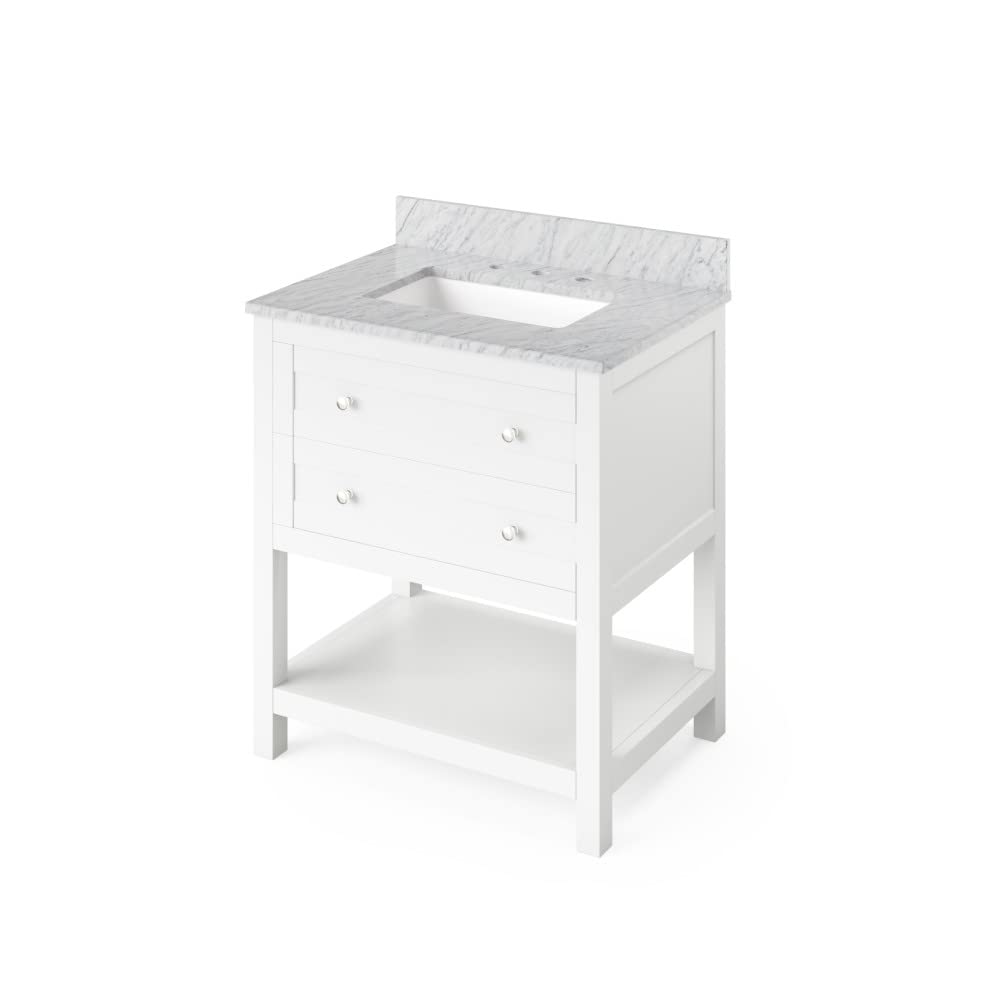 Jeffrey Alexander VKITAST30WHWCR 30" White Astoria Vanity, White Carrara Marble Vanity Top, undermount rectangle bowl