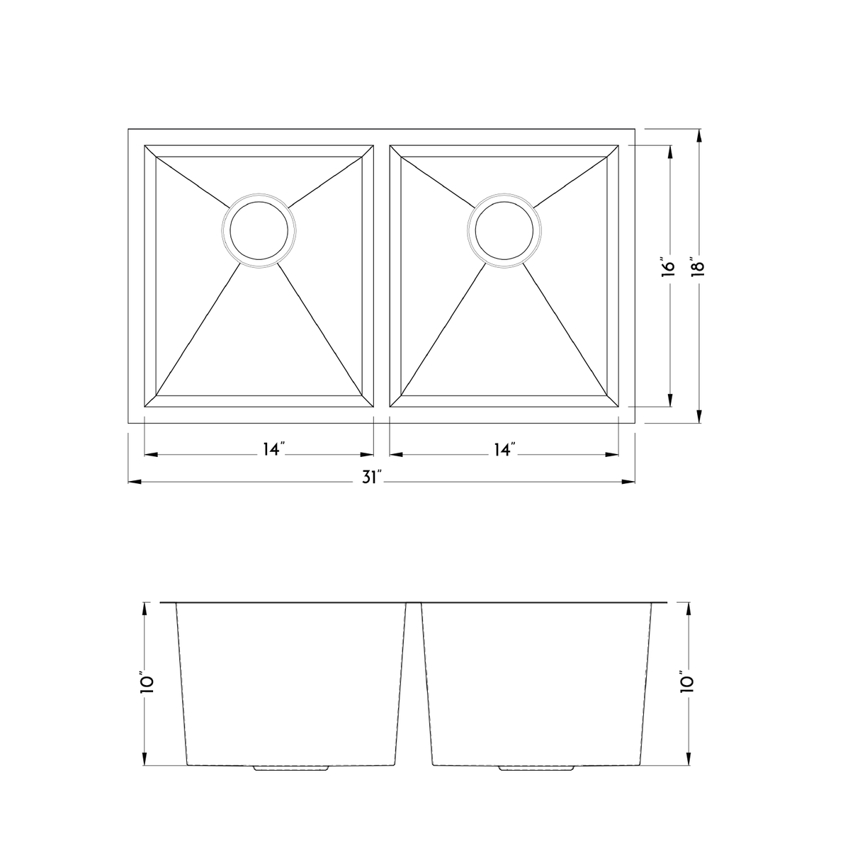DAX Stainless Steel Handmade 50/ 50 Double Bowl Undermount Kitchen Sink, 31", Brushed Stainless Steel DAX-SQ-3118A-X