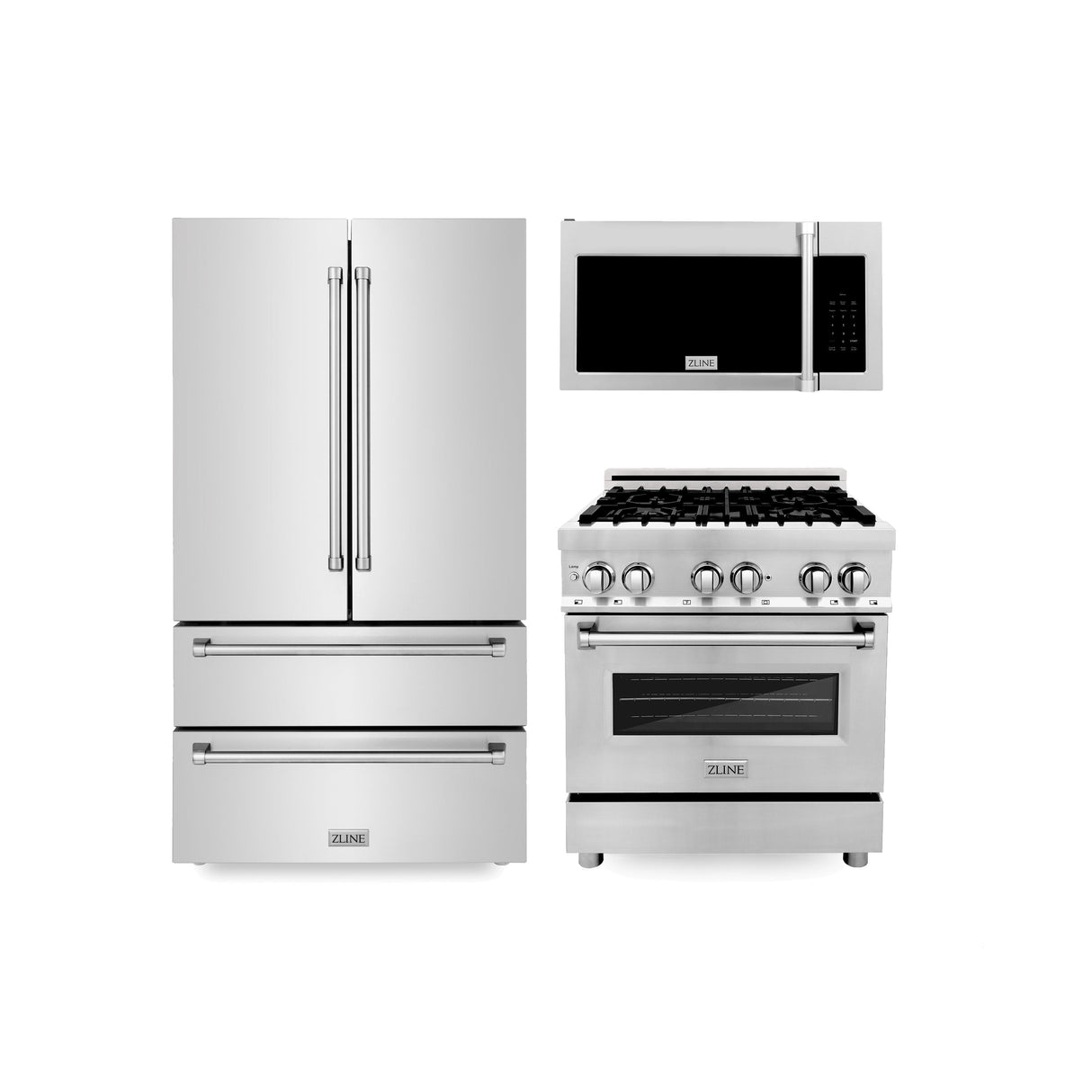 ZLINE Kitchen Package with Stainless Steel 36 in. Refrigerator, 30 in. Dual Fuel Range, and 30 in. Traditional Over-the-Range Microwave (3KPR-RAOTRH30)