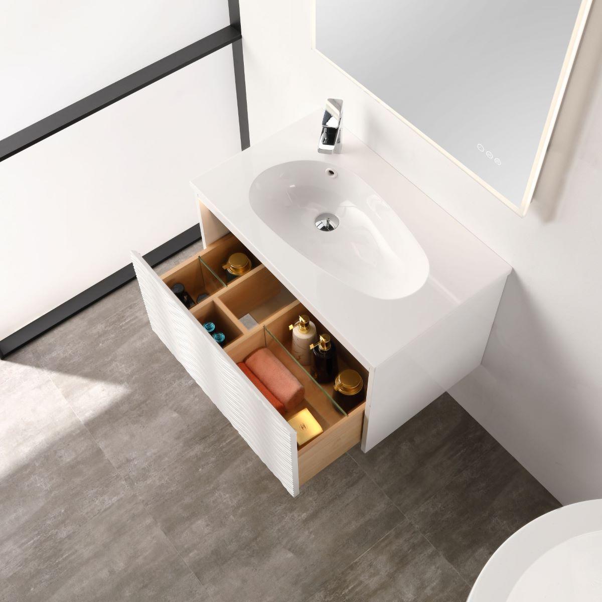 Blossom Voyage 30″ Vanity with Droplet-Shaped Basin - LED Illuminated & Unique Wave-Front Design