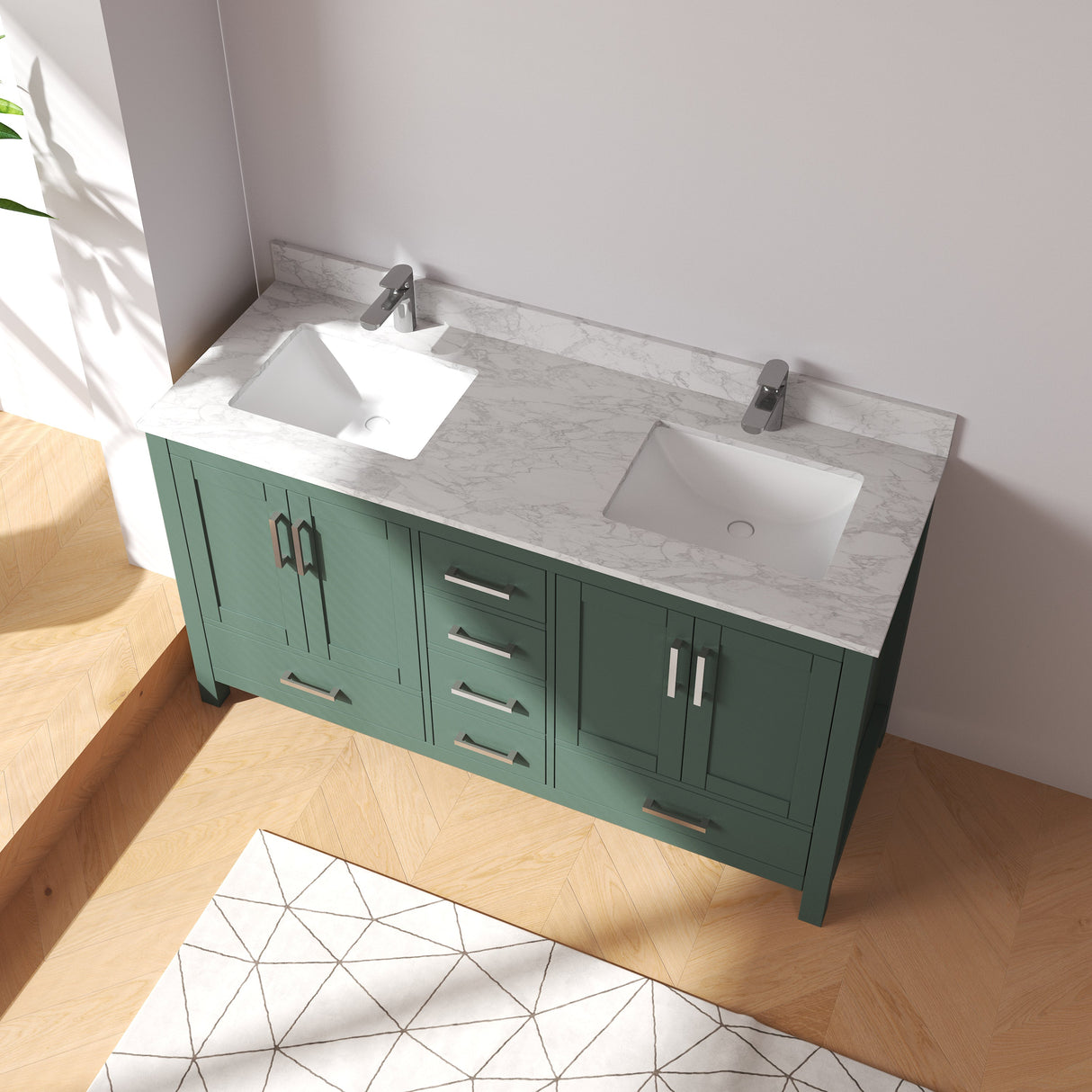 New England Home Goods Long 60" Double Sink Vanity in Green - Engineered Wood; Stone Top