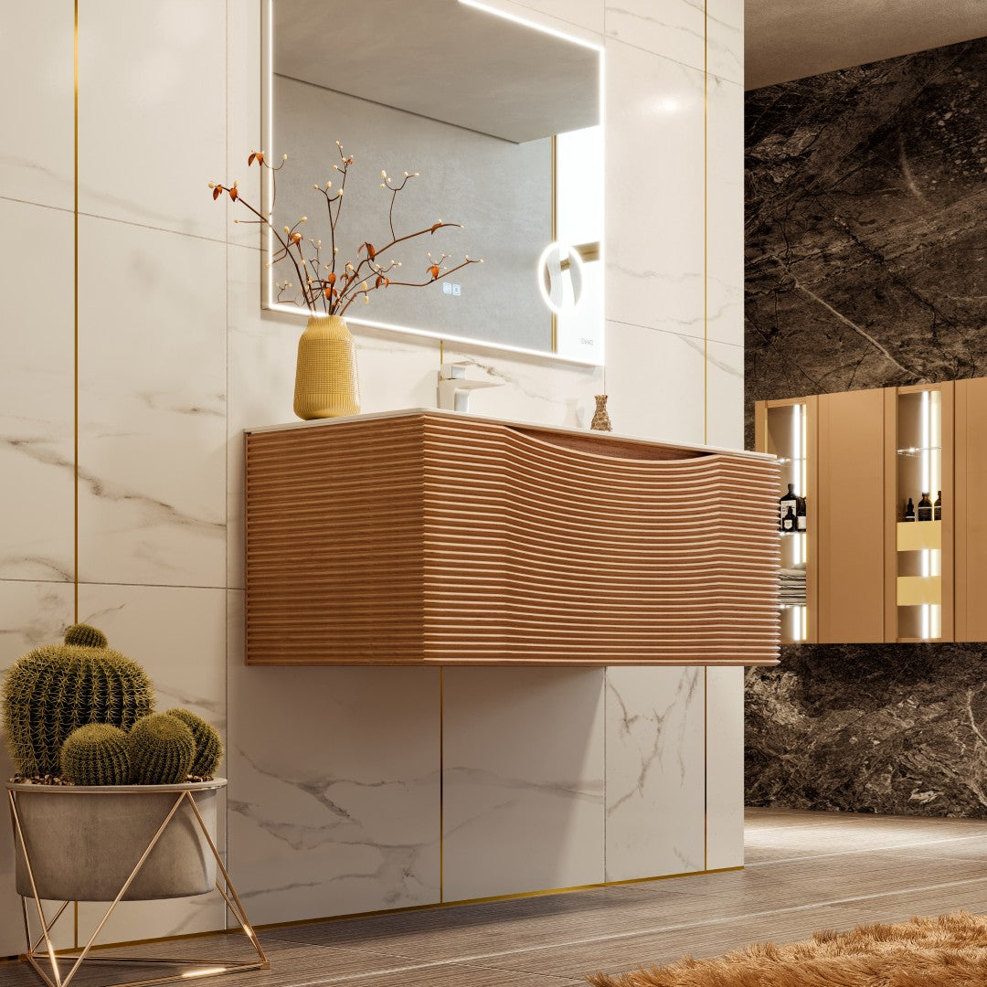 Leah 32 in. Medium Oak Wall Mount Single Sink Bath Vanity with Solid Surface Top and Integrated Sink