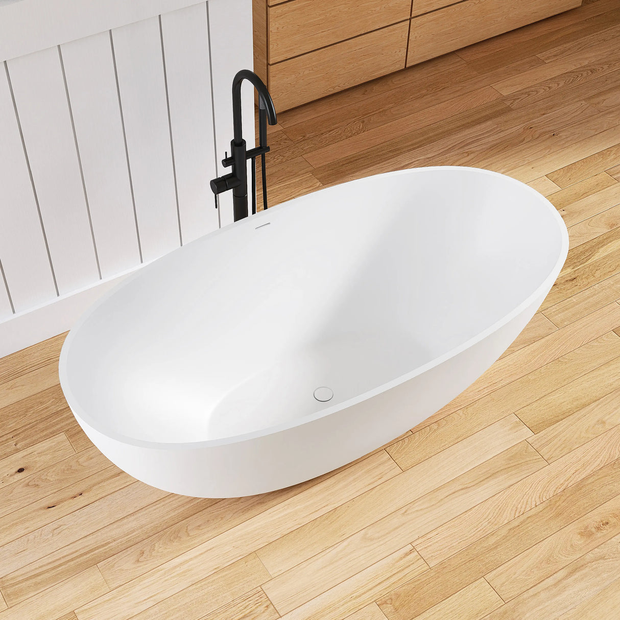 New England Home Goods Kuta 71" Freestanding Tub in White - Stone Resin Solid Surface